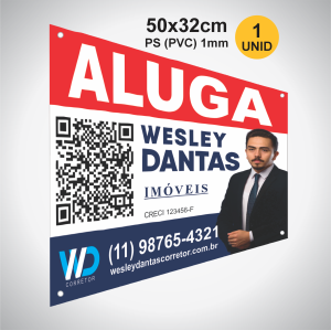 1 Placa Imobiliária em PS/PVC 1mm PS/PVC 1mm 50x32cm 4x0 (Só Frente) Impressão UV Corte reto e 1 ilhós em cada ponta 