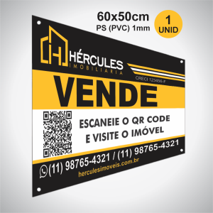 1 Placa Imobiliária em PS/PVC 1mm PS/PVC 1mm 60x50 4x0 (Só Frente) Impressão UV Corte reto e 1 ilhós em cada ponta 