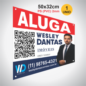 1 Placa Imobiliária em PS/PVC 2mm PS/PVC 2mm 50x32cm 4x0 (Só Frente) Impressão UV Corte reto e 1 ilhós em cada ponta 