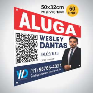 50 Placas Imobiliária em PS/PVC 1mm PS/PVC 1mm 50x32cm 4x0 (Só Frente) Impressão UV Corte reto e 1 ilhós em cada ponta 