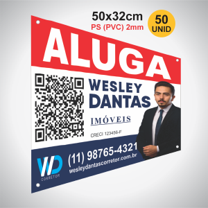 50 Placas Imobiliária em PS/PVC 2mm PS/PVC 2mm 50x32cm 4x0 (Só Frente) Impressão UV Corte reto e 1 ilhós em cada ponta 